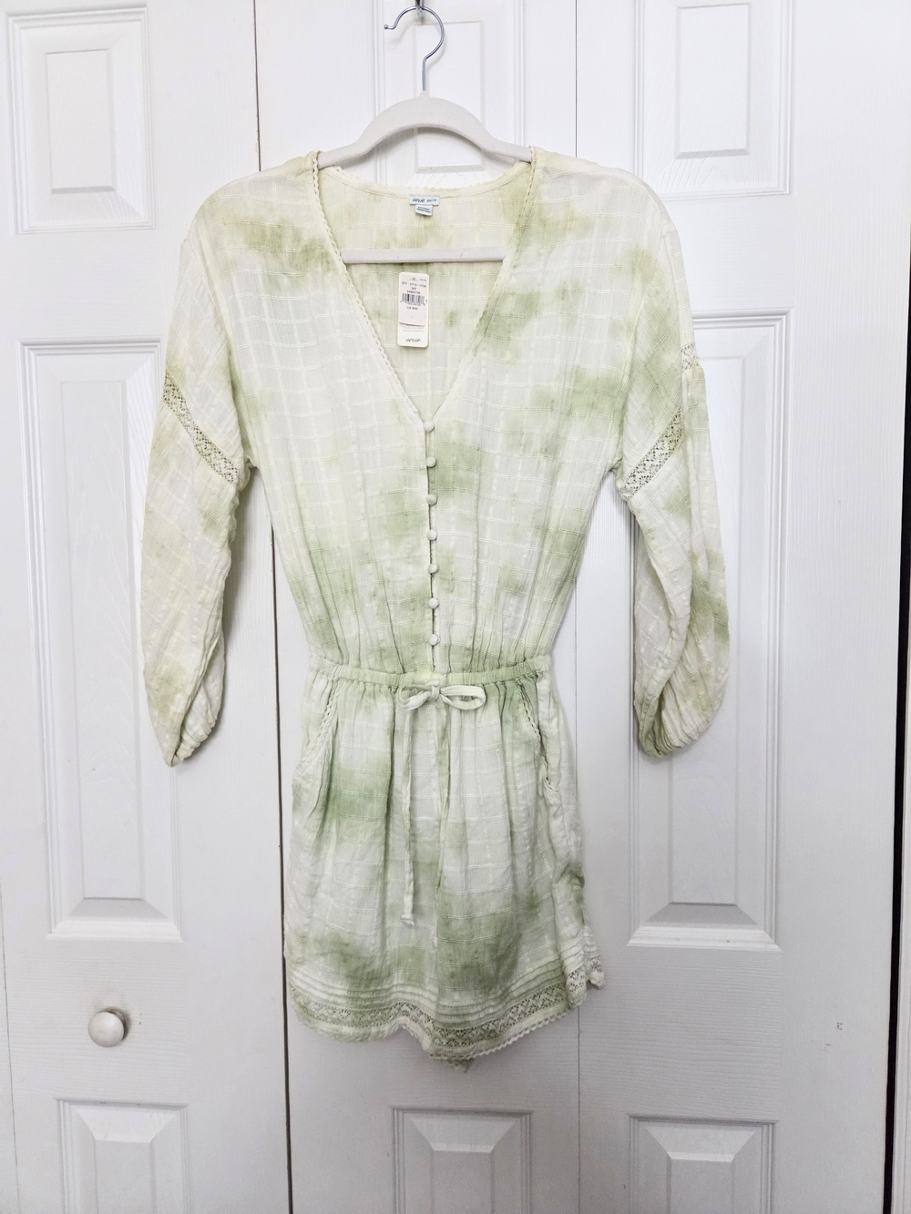 Aerie New Light Green Tie-Dye V-Neck Button Romper